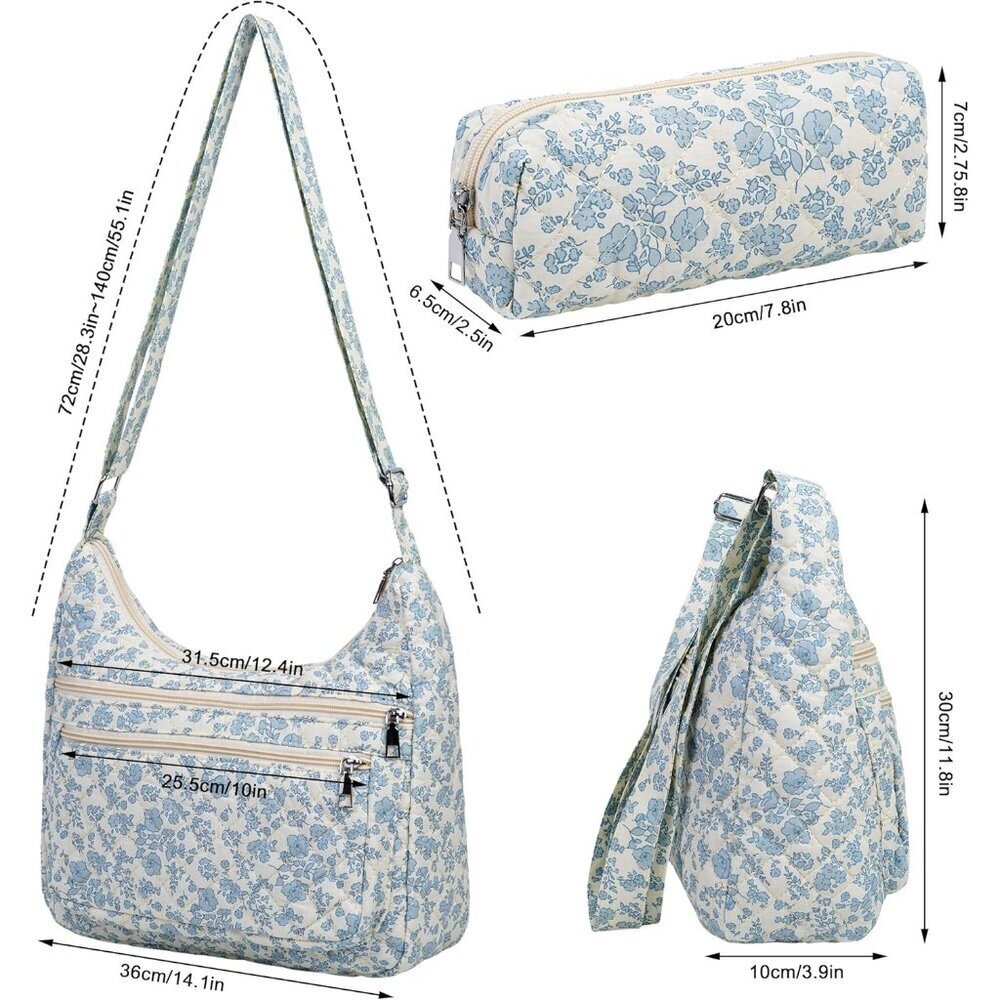 Women's Floral Quilted Crossbody Bag and Tote Multi-Pocket Shoulder Handbags - Picture 3 of 6